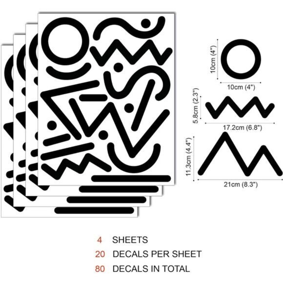 Black Geometric Wall Decals Vinyl Peel Stick Modern Abstract Lines Dots Circle A - Picture 2 of 8